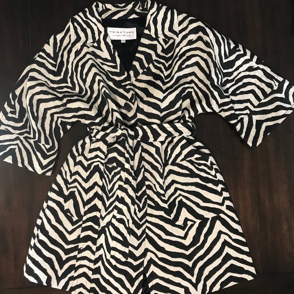 TRINA TURK BLACK AND CREAM ZEBRA PRINT COAT
